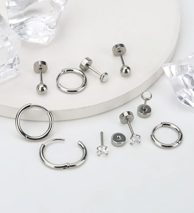 MJust Titanium Earrings for Sensitive Ears 20G Hypoallergenic Stud Hoop Earrings for Women Men Opal Ball CZ Heart Pearl Flat Back Earrings Cartilage Earrings Set