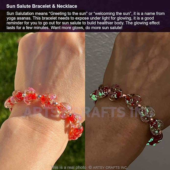 ARTSY Crafts Glow in the Dark Heart Shaped Glass Bead Bracelets & Necklaces, Handmade in USA