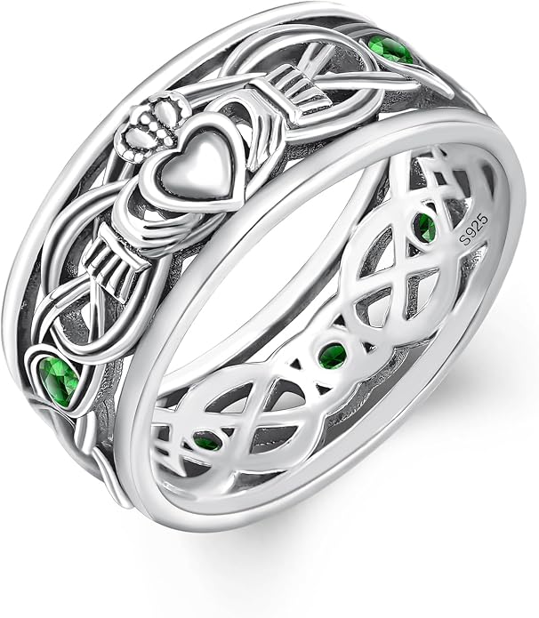 Claddagh Celtic Knot Band Rings for Men Women 925 Sterling Silver Irish Claddagh Promise Ring for Women Men