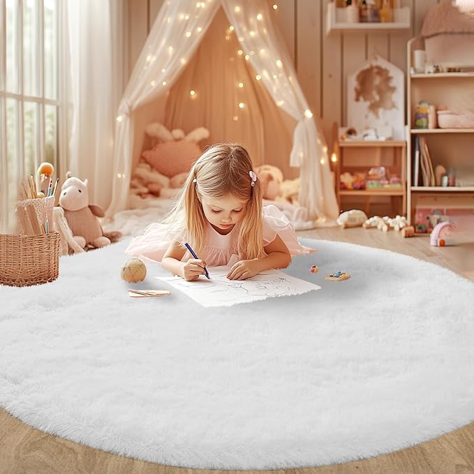 Round Area Rug for Living Room: White Shag Rugs for Bedroom- 7x7 Feet Fluffy Round Rugs for Living Room- Shag White Rugs Soft Plush Indoor Carpets for Bedroom, Nursery, 7ft