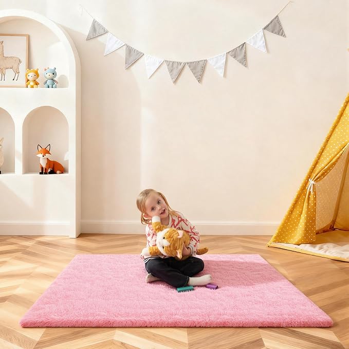 Pink Rug for Bedroom, 3x5 Fluffy Area Rugs for Living Room, Small Fuzzy Shag Soft Non-Slip Carpet for Kids Girls and Boys Nursery Dorm Indoor Room Home Decor (3ft X 5ft, Pink)