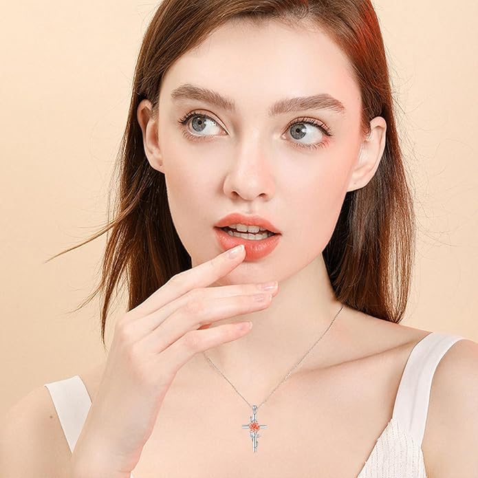 Flower Cross Necklace 925 Sterling Silver Carnation/Rose/Lily/Daisy Cross Necklace Birth Flower Jewelry for Women