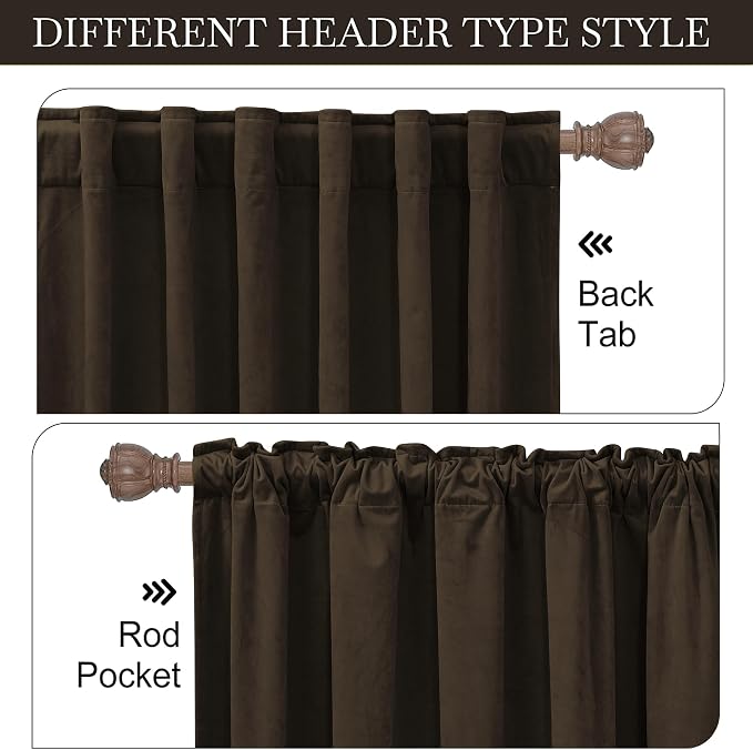 RYB HOME Brown Velvet Curtains 102 inches, Back Tab Soft Fabric Room Darkening Thermal Insulated Luxurious Home Decor Curtains for Living Room Bedroom, W 52" x L 102", 2 Panels Set