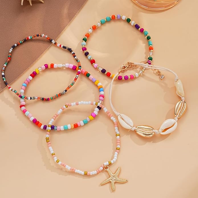 Boho Shell Ankle Bracelet Set for Women, 5 Pairs 14K Boho Bead Handmade Adjustable Anklet, Hawaiian Beach Seashell Starfish Foot Jewelry Gifts