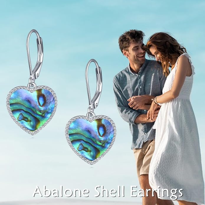 Mother of Pearl/Black Onyx/Abalone Shell Heart Leverback Dangle Earrings Sterling Silver Fashion Jewelry Gifts for Women