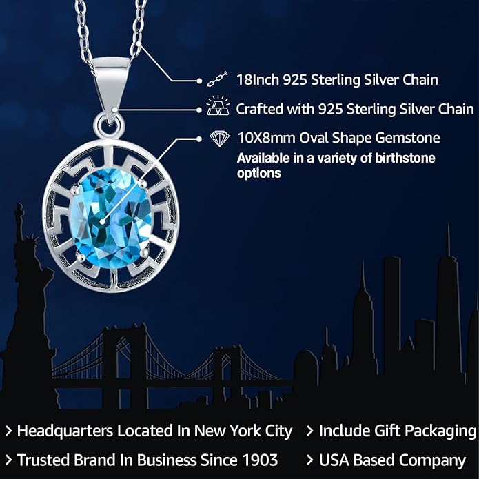 Gem Stone King 925 Sterling Silver 10X8MM Oval Gemstone Birthstone Necklace | Greek Key Pendant Necklace for Women | With 18 Inch Silver Chain