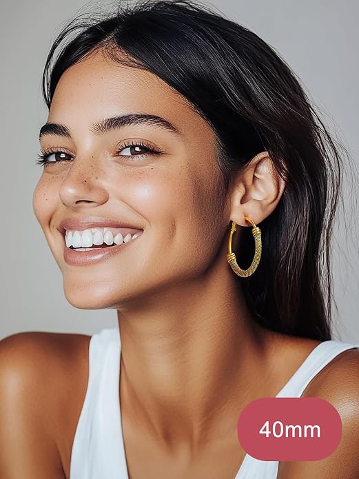 FOCALOOK 14K Gold Plated Hoop Earrings, Lightweight Hypoallergenic Large Stainless Steel Black Hoops Earrings for Women 20/30/40/50/60/70/80mm