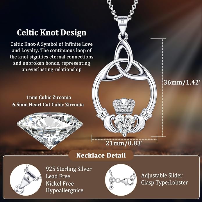 Gift Birthstone Necklaces for Women 925 Sterling Silver Irish Claddagh Necklace for Women Heart Birthstone Pendant Necklace Anniversary Birthday Gifts for Wife Lady Cable Chain 18"+2"