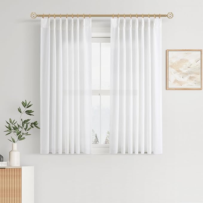 Aersas White Pinch Pleat Linen Curtains 45 Inch Long for Kitchen Pleated with Hooks Back Tab Light Filtering Boho Farmhouse Short Semi Sheer 45 Inch Cafe Curtain for Dining Room RV Small Window