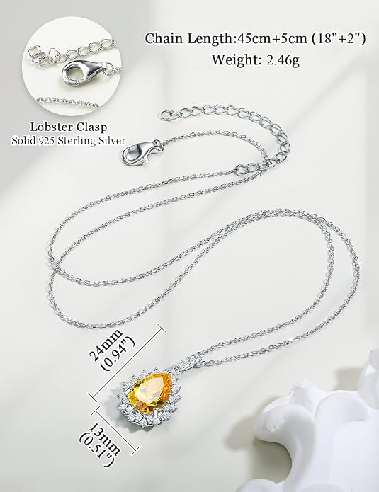 925 Sterling Silver Teardrop Necklace for Women Huge Created Gemstone Solitaire Halo Pendant Pear Cut Birthstone Necklace
