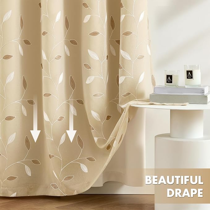 MIULEE Beige Double Layer Curtains 96 Inches Long, Leaf Patterned Sheer Floral Drapes and Blackout Room Darkening Window Curtains for Living Room Bedroom, Grommets Top, 52" W x 96" L, 2 Panels