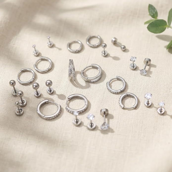 Stainless Steel Stud Earrings Set for Women Hypoallergenic Flat Back Cartilage Earrings Screw Back Huggie Hoop Earrings Multiple Piercing Cubic Zirconia Helix Tragus Jewelry