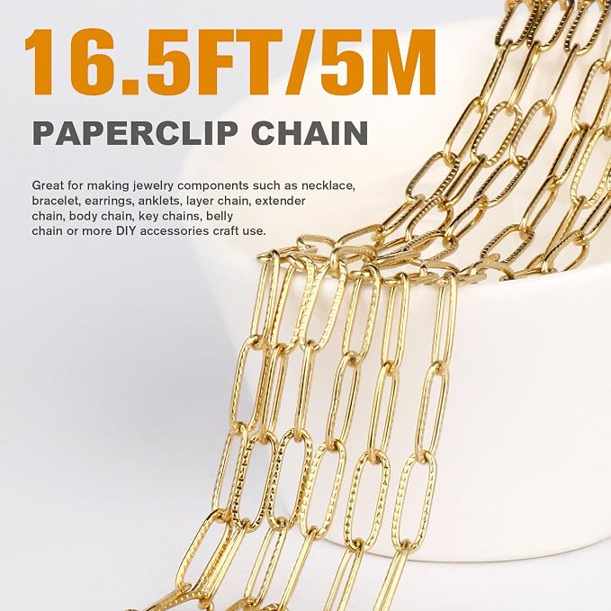 16.5FT 18K Gold Plated Paperclip Chains Roll, 4.3mm Gold Stainless Steel Textured Paperclip Link Chains Spool Bulk for Jewelry Making