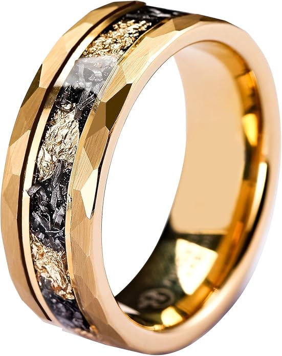 Mens Tungsten Carbide Wedding Bands 8mm Black Hammered Edge Gold Foil Inly Durable Scratch Proof Stainless Steel Cool Promise Ring for Him Comfort Fit