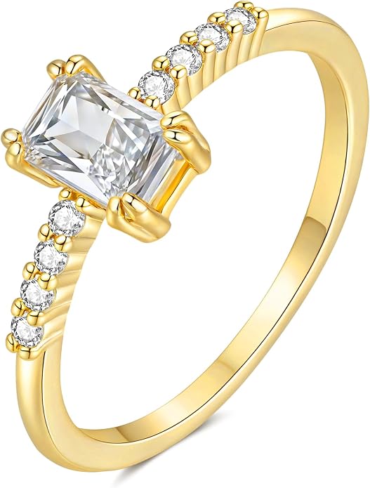 YeGieonr Birthstone Stackable Rings for Women Dainty Gold Rings with Baguette Cubic Zirconia, Non Tarnish Thin Band Ring, 14k Gold Plated Pinky Rings Jewelry Gift