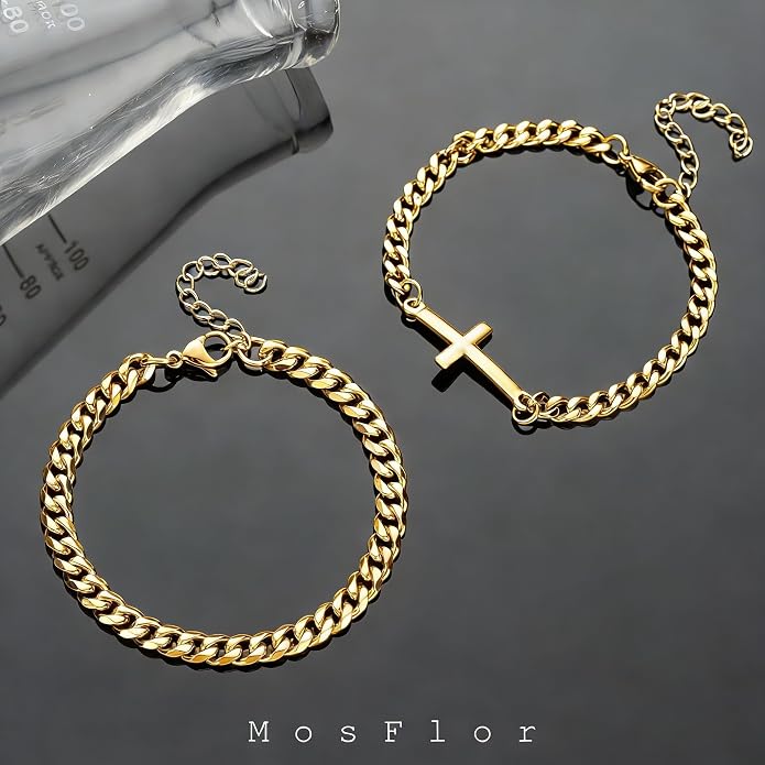 Cross Bracelet for Men, Silver/Gold/Black Mens Cross Bracelets Stack Stainless Steel Cuban Link Chain Bracelet Set Non Tarnish Adjustable Chunky Mens Jewelry Gifts for Men Dad Him Father's Day