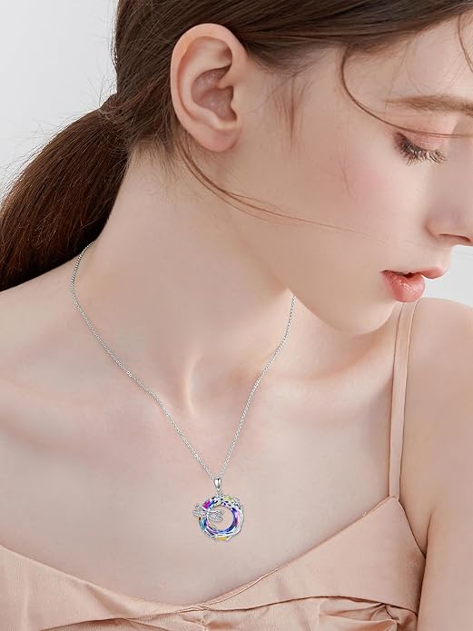 Dragonfly Necklace 925 Sterling Silver Dragonfly/Sunflower Bee Pendant Necklace Dragonfly with Blue Circle Crystal Dragonfly Jewelry Gifts as Holiday Christmas Gifts for Women