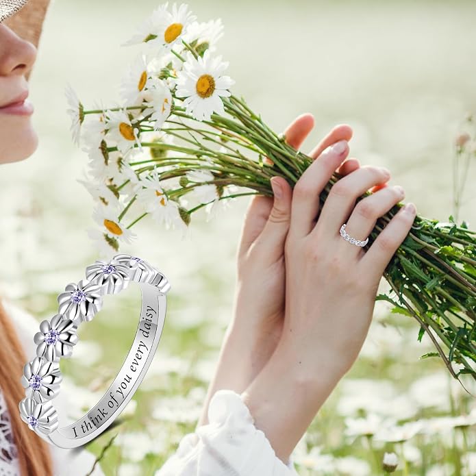 Dainty Daisy Ring for Women, S925 Sterling Silver Cubic Zirconia Sunflower Flower Ring For Daughter, I Think Of You Every Daisy Ring, Birthstone Flower Ring