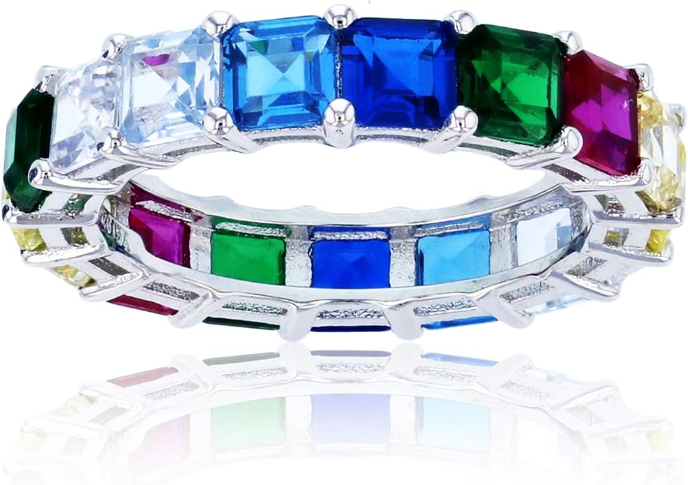 Sterling Silver Rhodium Polished 4mm Multi Color Asscher Princess Cut Cubic Zirconia Eternity Band for Women | AAA Cubic Zirconia Gemstone Engagement Wedding Band Ring | Sizes 5-10