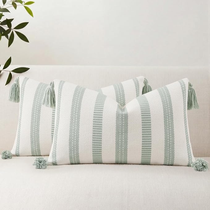 Smile Bee Boho Outdoor Couch Throw Pillow Covers Set of 2 Decorative Thick Woven Striped Accent Neutral Pillow Covers with Tassels for Bed Sofa Home Decor 12x20 Inch, Sage Green and Cream White | Woven Cozy Boho Decorative Modern Farmhouse Accent Pillo...