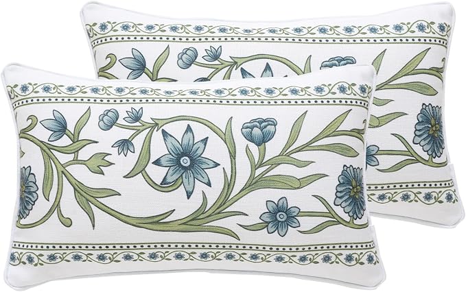 ISAENNE Designer Linen Throw Pillow Cover,Set of 2,20"x12"-Mosella D | Vintage Elegant Rectangle Decor Pillow Cover,Concealed Zipper Design,Floral Pattern,Sofa,Bedroom,Living Room,Lounge Chairs
