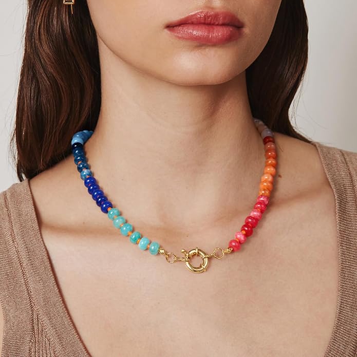 KELORIS PATH Beaded Gemstone Necklaces for Women, Boho Colorful Bead Choker Necklace, Natural Stone Handmade Summer Jewelry for Beach