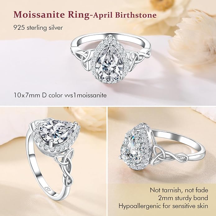 DAYBYDAY Celtic Birthstone Rings for Women 925 Sterling Silver Heart/Round/Pear/Oval Created Gemstone Moissanite Halo Engagement Promise Rings for Her Wife Birthday Anniversary Wedding Jewelry