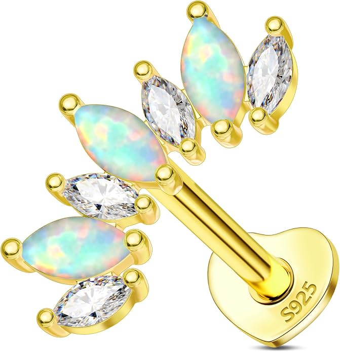 COCHARM 14K Gold Plated Cartilage Earrings Stud 925 Sterling Silver Opal Helix Earrings for Women Internally Thread Flat Back Earrings Heart