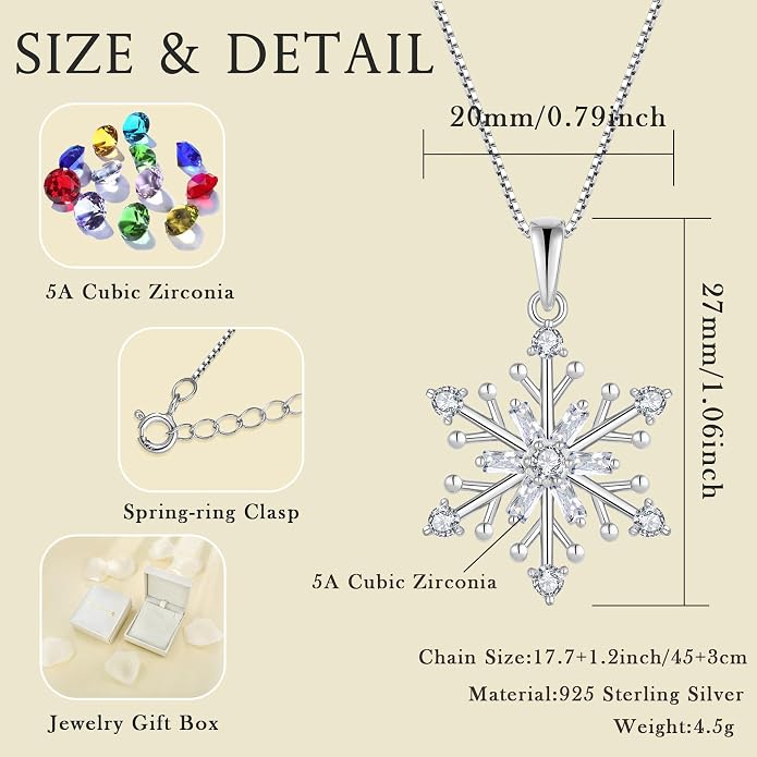 925 Sterling Silver Snowflake Necklace Birthstone Snowflake Pendant Necklaces for Women Cubic Zirconia Christmas Jewelry