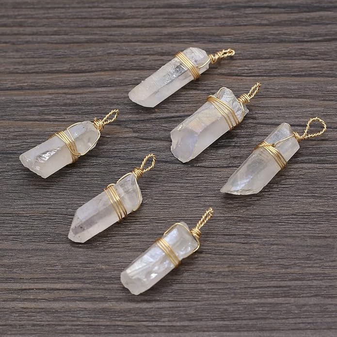 LHJ 7 Pcs Natural White Crystal Stone Pendants Original Raw Irregular Clear Quartz Copper Wire Wrapped Healing Stone Charms for Necklace Bracelet Jewelry Making Yoga Meditation