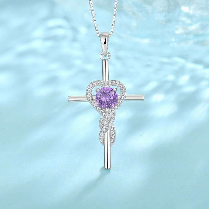 Cross Necklace for Women 925 Sterling Silver Infinity Birthstone Pendant Necklace Religious Christian Jewelry Gifts Wife Mom Her