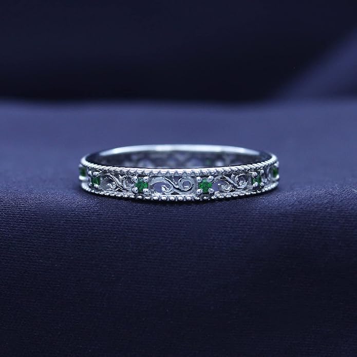 Jewel Zone US Filigree Eternity Wedding Band Ring for Women, Round Cut Simulated Gemstone Stackable Promise Ring in 14K Gold Plated 925 Sterling Silver Band Width 3.5mm – Elegant Jewelry for Her