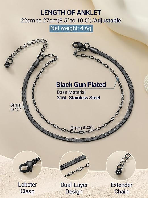 PROSTEEL Ankle Bracelets for Women Waterproof, Layered Stainless Steel Summer Beach anklets, Silver/Gold 8-10.5 Inch Adjustable, Come with Box