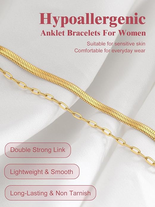 FOCALOOK 14K Gold Plated Anklets for Women Waterproof Plus Size Ankle Bracelet 8.5-10.5 Inch Adjustable Mariner/Figaro/Flat Snake/Cuban Link Chain Anklet Jewelry for Summer Beach Holiday