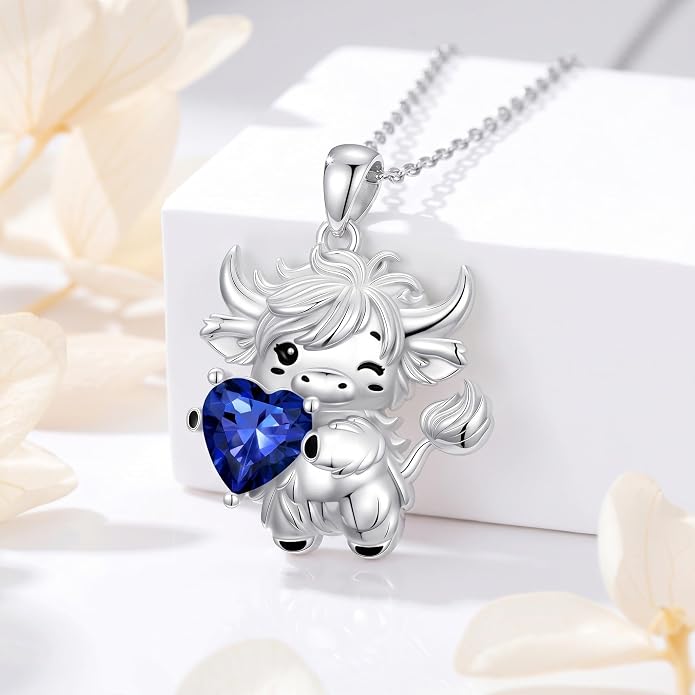 PELOVNY Teddy Bear Necklace for Women 925 Sterling Silver Bear/Highland Cow/Fox/Cat/Axolotl Birthstone Necklace Christmas Birthday Jewelry Gifts for Mom Daughter Wife Sister