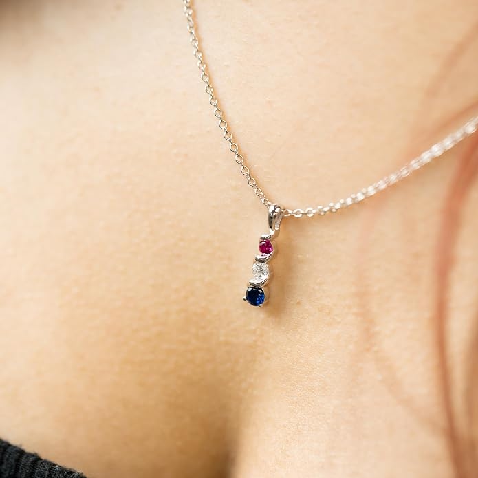 Silver Smile Sterling Silver 3 Birthstone Pendant for Women – Lab-Grown Ruby, White & Blue Gemstones – Hypoallergenic & Tarnish Resistant – 925 Rhodium-Plated Pendant – Elegant Patriotic Gift for Her
