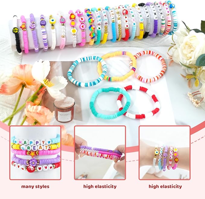 96 Pcs Colorful Friendship Bracelet Set Stackable Beaded Clay Bead Bracelets Surfer Bracelets Heishi Bracelet Friendship Bracelets Boho Y2K Summer Jewelry Set