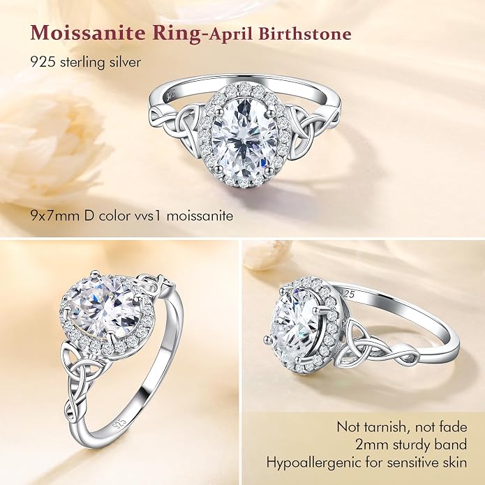 DAYBYDAY Celtic Birthstone Rings for Women 925 Sterling Silver Heart/Round/Pear/Oval Created Gemstone Moissanite Halo Engagement Promise Rings for Her Wife Birthday Anniversary Wedding Jewelry