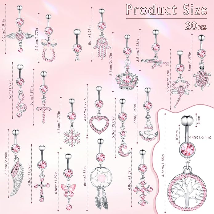 Junkin 20 Pcs 14G Dangle Belly Button Ring, Dangling 316L Surgical Navel Rings Cubic Zirconia Belly Piercing Jewelry