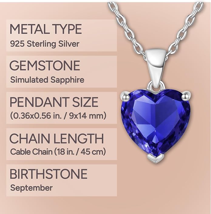 ADITA GOLD Bithstone Heart Necklace for Women with 925 Sterling Silver Chain, Simulated Birthstone Pendant, Jewelry