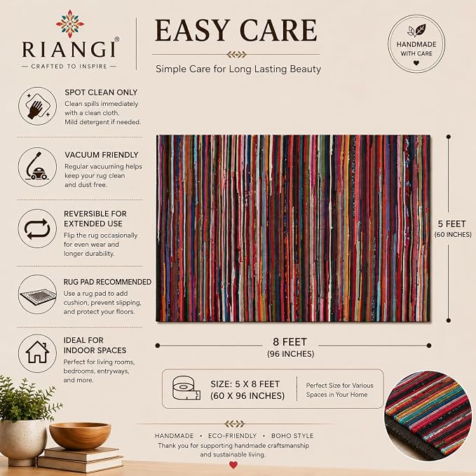 Chindi Rug 5x8, Boho Living Room Woven Braided Multicolor Area Rugs 5x8, Bohemian Recycled Colorful Rug for Farmhouse, Bedroom, Dining Room, Classroom, Hallway