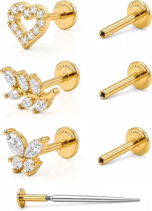 YACHY G23 Titanium Flat Back Stud Earrings, Internally Threaded Screw-On Hypoallergenic Body Piercing Jewelry for Everyday Wear, Tragus Helix Conch Monroe Medusa Lip, 18G 6mm 8mm