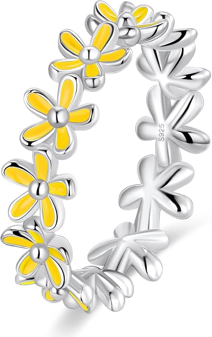 S925 Sterling Silver Dainty Daisy Flower Rings for Women, I Think Of You Every Daisy, 12 Month Birth Flower Ring