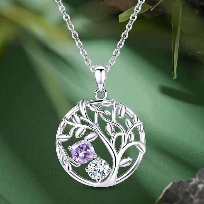 Tree of Life Birthstone Necklace for Women 925 Sterling Silver Birthstone Pendant 12 Months Necklaces with Zircon Birthday Gifts for Women, Mom, Grandma Cable Chain 18"+2"