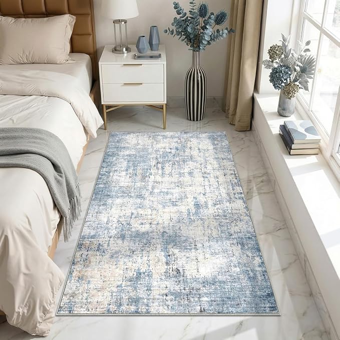 3x5 Area Rugs Washable Living Room Rug-No Slip Soft Carpets Modern Abstract Coastal Indoor Floor Stain Resistant Carpet for Bedroom Dining Room Farmhouse Nursery Home Office Blue