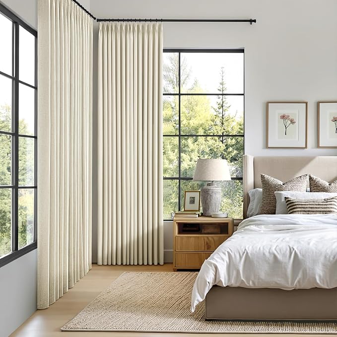 MIULEE Cream Pinch Pleated 100% Blackout Linen Curtains for Bedroom, Room Darkening Memory Trained Light Blocking Window Curtains 96 inches Long for Living Room, Black Out Pleat Drapes, 2 Panels