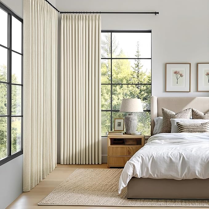 MIULEE Cream Pinch Pleated 100% Blackout Linen Curtains for Bedroom, Room Darkening Memory Trained Light Blocking Window Curtains 84 inches Long for Living Room, Black Out Pleat Drapes, 2 Panels