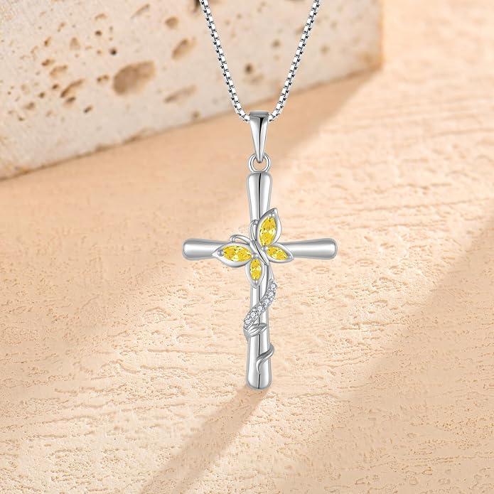 Cross Necklace for Women 925 Sterling Silver Butterfly Necklace Birthstone Pendant Created Gemstone Jewelry Gifts for Women