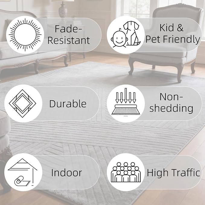 5x7 Grey Geometric Washable Area Rug for Living Room | Fluffy High-Low Pile Textured Rug with Modern Geometric Pattern, Ultra Soft Boho Carpet for Bedroom, Nursery, Kids Room