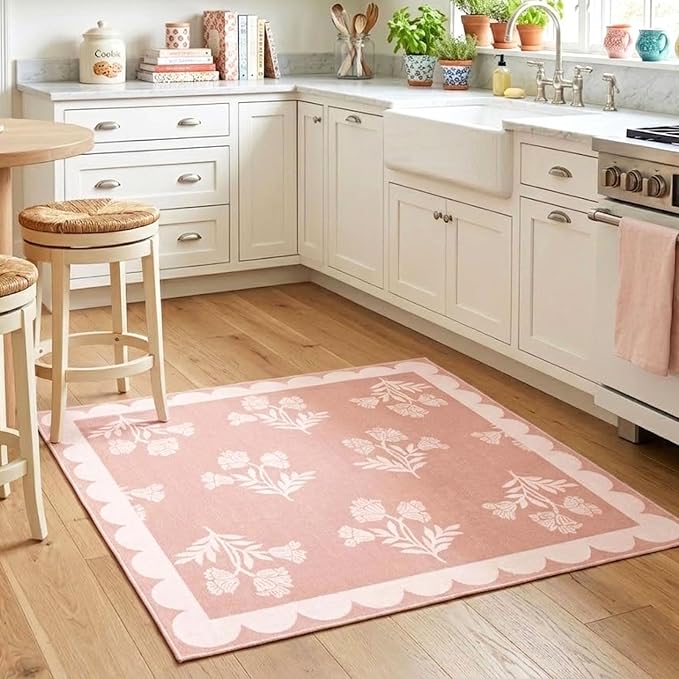 Pink Square Rug 3ft - Soft Washable Floral Boho Bathroom Rug Non Slip 3x3 Stain Resistant Cute Scalloped Square Small Accent Throw Rugs for Entryway Girls Bedroom Kitchen Dorm Bath Powder Room